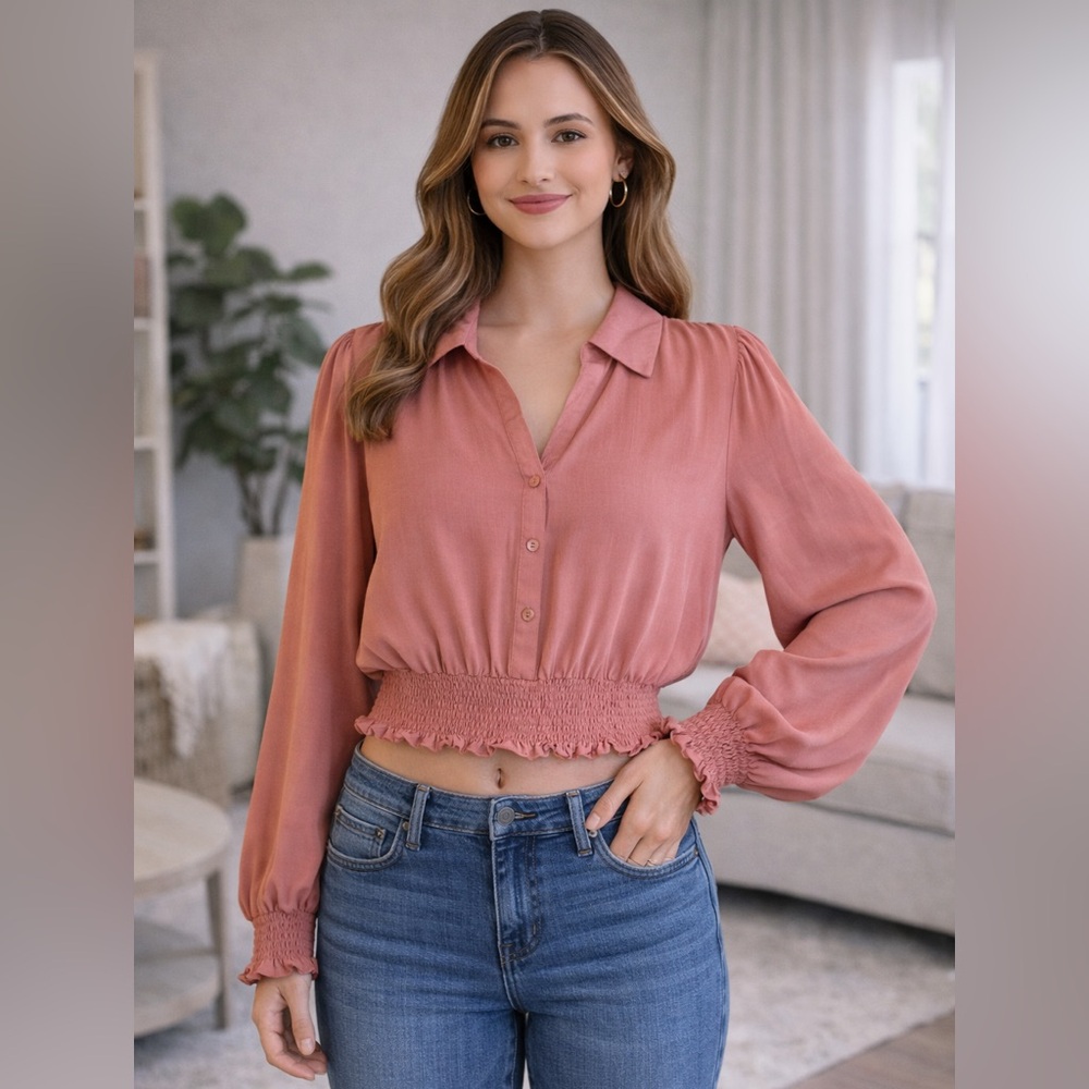 Watermelon Sugar Women’s Brick Dust Smocked Waist Crop Blouse Size Medium
